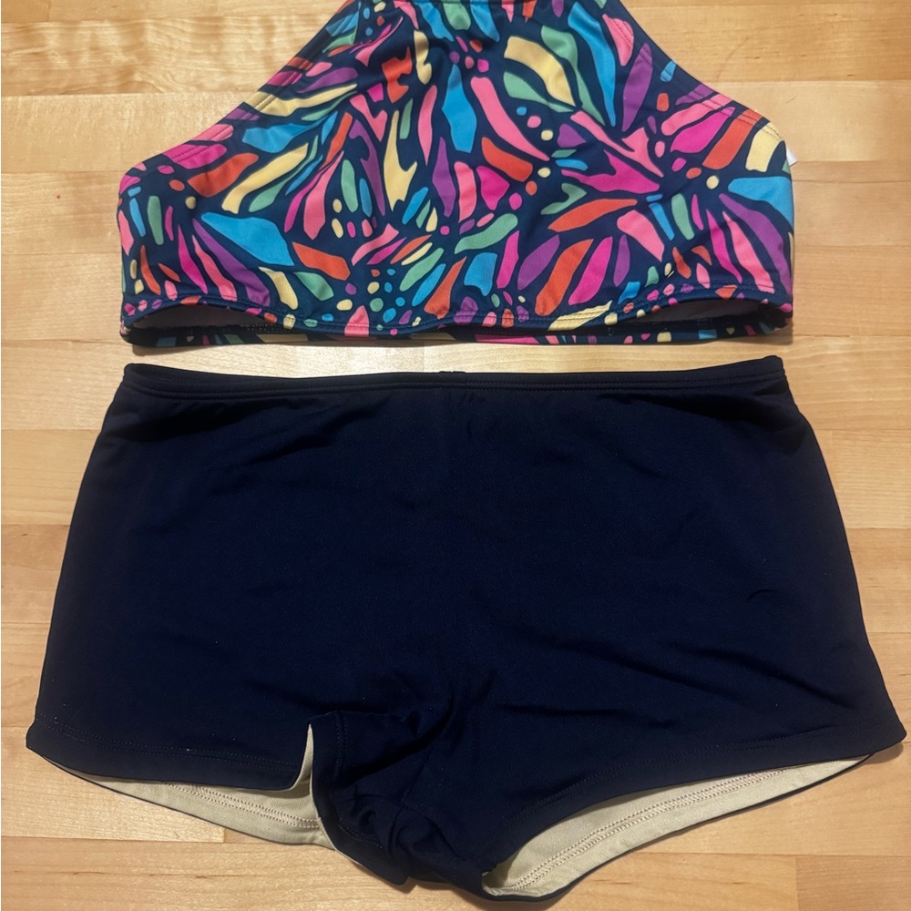 Colorful Patterned Bikini Top and Navy Bottoms